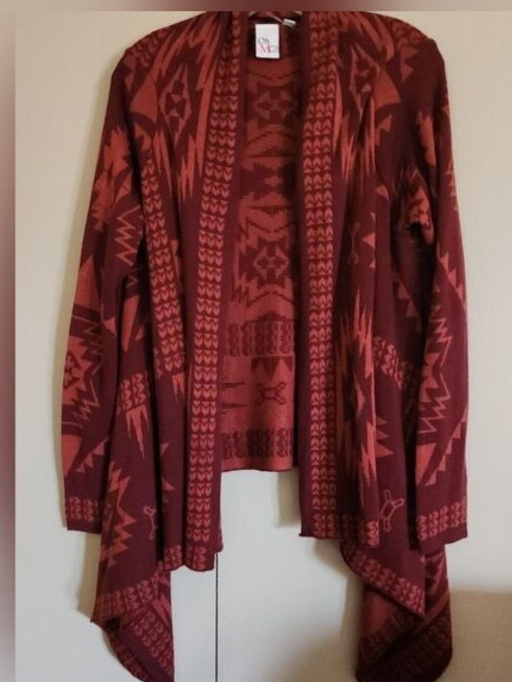 C12 Boho Aztec Open-Front Cardigan Sweater - Rust Red by Oh MG!